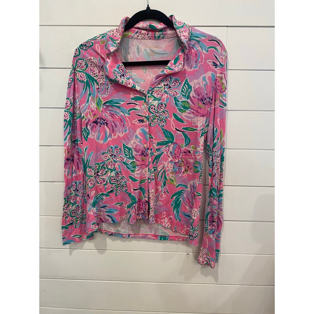 Lilly Pulitzer Pink Tropical Floral Long Sleeve Button Front Top